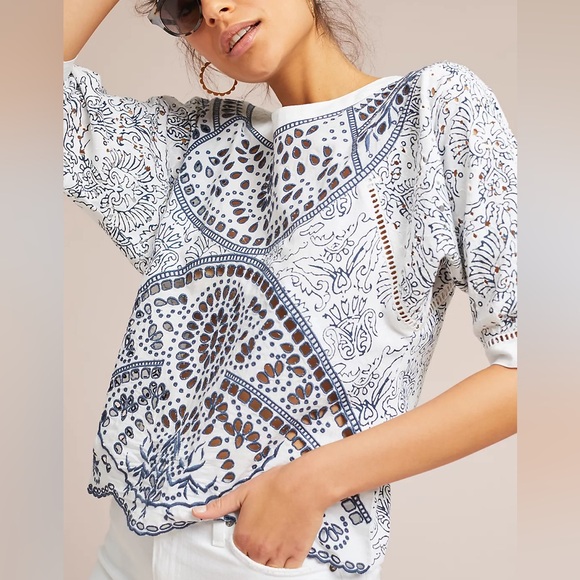 Maeve Tops - Anthropologie Maeve Ester Eyelet Embroidered Scalloped Blue White Top size XS/S